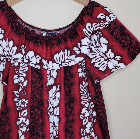 Vintage Royal Creations Red Hawaiian Floral Off Shoulder Midi Dress Size Medium - Picture 2 of 6